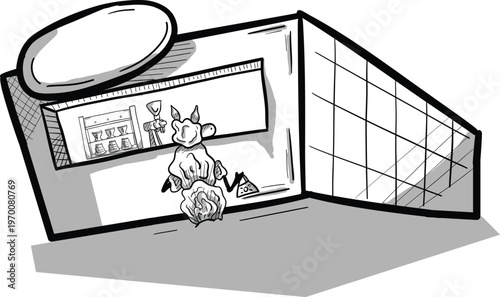 Cafe shop with sheep ordering — black and white