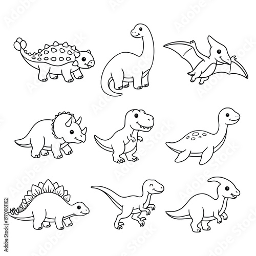 Cute Cartoon Dinosaur Line Art Set for Kids Coloring Page