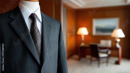 Professional dark pinstripe suit white shirt patterned tie formal business attire display luxury interior setting blurred background
