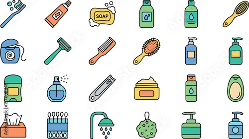 Colorful bathroom icons, toiletries and accessories, vector illustrations, 25 elements