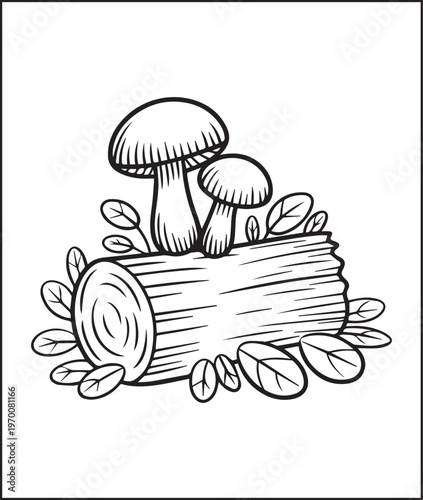 Cute mushroom grown-up on a tree log black outline vector illustration coloring page for kids
