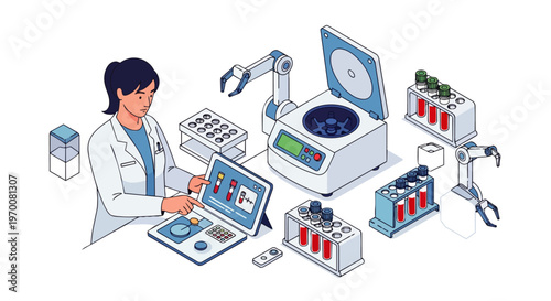 Isometric Female Scientist Operating Automated Laboratory with Robotic Arms and Centrifuge for Medical Research and Blood Analysis