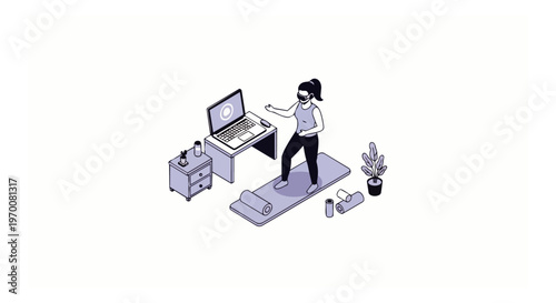 Isometric Illustration of a Woman Doing a VR Fitness Workout at Home in the Metaverse