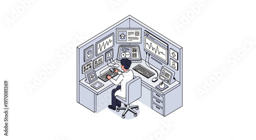 Isometric Illustration of a Medical Professional Monitoring Patient Data and Vital Signs on Multiple Screens in a High-Tech Digital Healthcare Workspace