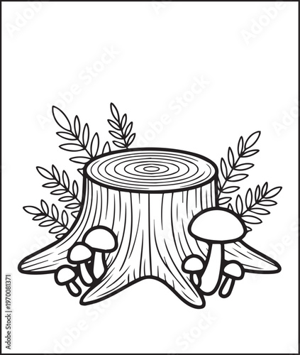 Cute mushrooms grown-up beside a tree stump black outline vector illustration coloring page for kids