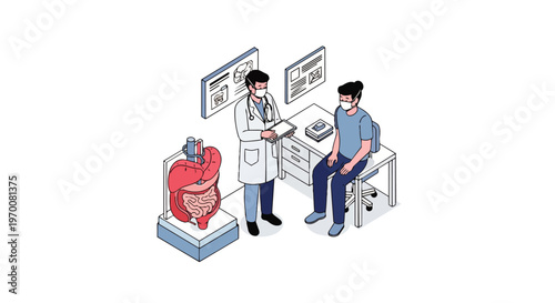 Isometric Doctor Consulting Patient in Gastroenterology Clinic with Digestive System Model and Digital Tablet
