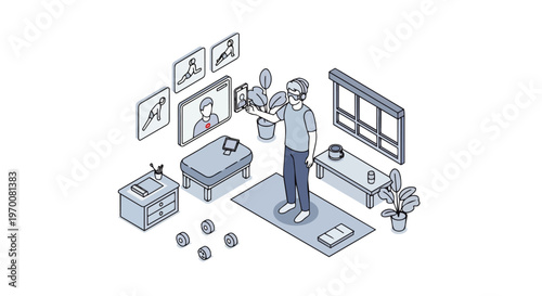 Isometric Illustration of a Man Exercising at Home with VR Headset and Virtual Personal Trainer