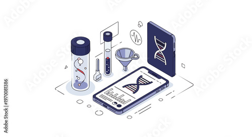 Isometric Biotechnology DNA Analysis Illustration: Laboratory Equipment and Mobile Data for Genetic Engineering Concept