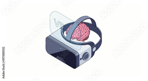 Human Brain with Virtual Reality VR Headset Isometric Illustration, Neuroscience and Metaverse Concept
