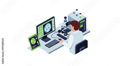 Isometric Laboratory Scientist Conducting Biological Research with Microscope and Computer Data Analysis