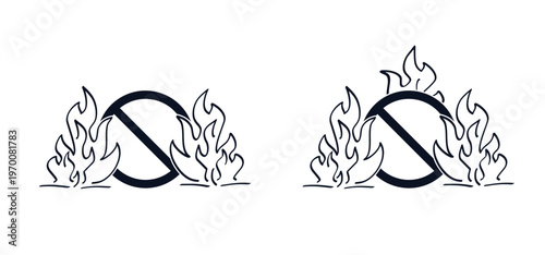 Attention, stop do not open fire or campfire flame. No flames allowed sign.  Forbidding camping beach forest. For red, orange and yellow Fire flames. No bonfires, flamme icon