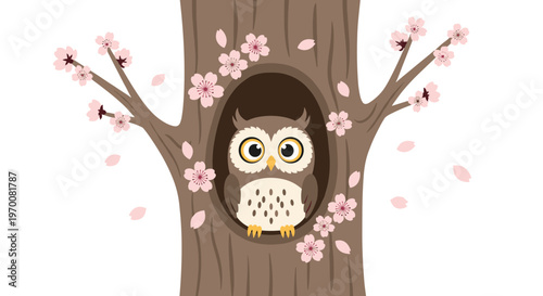 A detailed and whimsical illustration depicts a large-eyed owl peering from a tree hollow surrounded by soft pink cherry blossoms and drifting flower petals.
