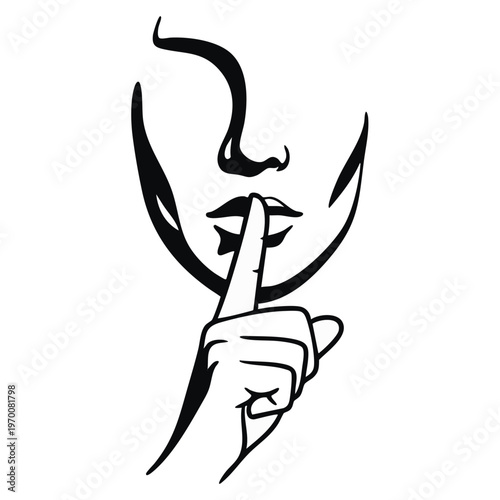 Shush silence gesture vector illustration. Hand with finger on lips thin line art graphic. Isolated design