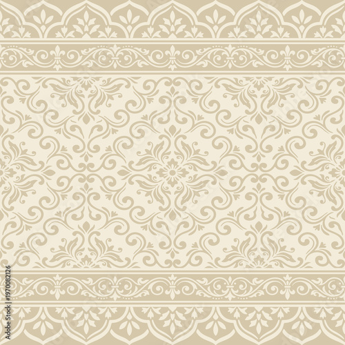 Elegant luxury damask seamless floral border pattern featuring intricate damask ornaments and classic damask decorative elements for premium textile design. vector illustration.