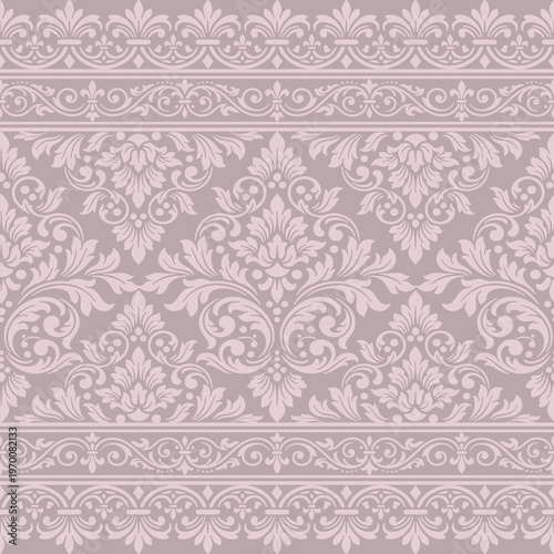 Elegant luxury damask seamless floral border pattern featuring intricate damask ornaments and classic damask decorative elements for premium textile design. vector illustration.