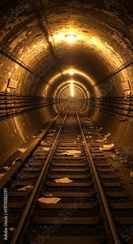 A long, abandoned railway tunnel, illuminated by a warm yellow light, with litter scattered along the tracks.