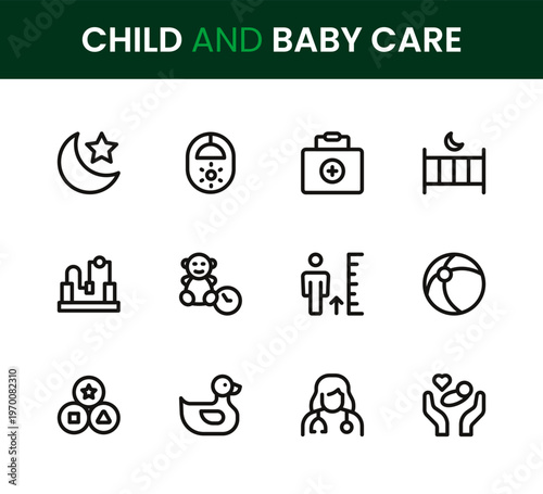 Child and Baby Care icon set. Child and Baby Care professional modern minimal unique line vector icon collection featuring newborn care symbols, parenting essentials, feeding items, hygiene elements