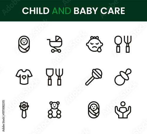 Child and Baby Care icon set. Child and Baby Care professional modern minimal unique line vector icon pack with newborn essentials, parenting symbols, feeding icons, hygiene