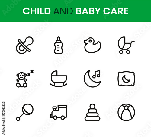 Child and Baby Care icon set. Child and Baby Care professional modern minimal unique line vector icon collection crafted with baby health icons, parenting care symbols, feeding elements, hygiene