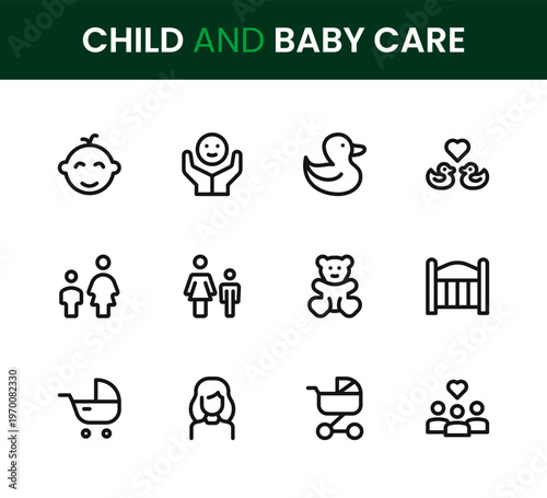 Child and Baby Care icon set. Child and Baby Care professional modern minimal unique line vector icon bundle showcasing baby care essentials, parenting symbols, feeding elements, hygiene icons