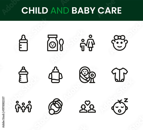 Child and Baby Care icon set. Child and Baby Care professional modern minimal unique line vector icon collection including infant safety icons, parenting care symbols, feeding elements, hygiene