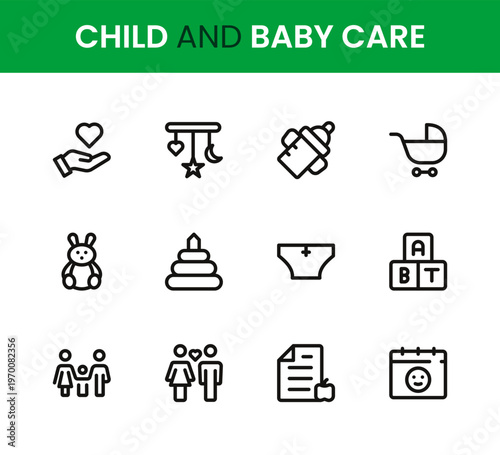Child and Baby Care icon set. Child and Baby Care professional modern minimal unique line vector icon bundle designed with baby essentials, parenting care symbols, feeding icons, hygiene