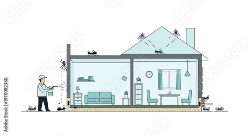 A detailed cross-section illustration reveals a residential house infested with various insects while a professional pest control worker sprays the exterior walls.