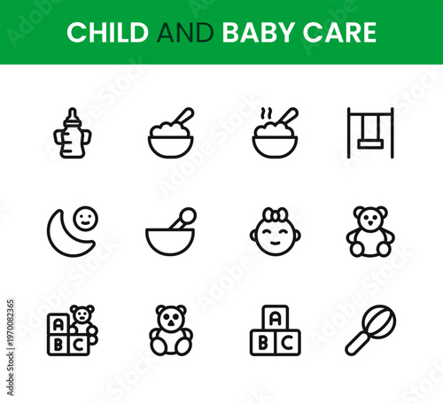 Child and Baby Care icon set. Child and Baby Care professional modern minimal unique line vector icon collection with infant care icons, parenting symbols, feeding elements, hygiene
