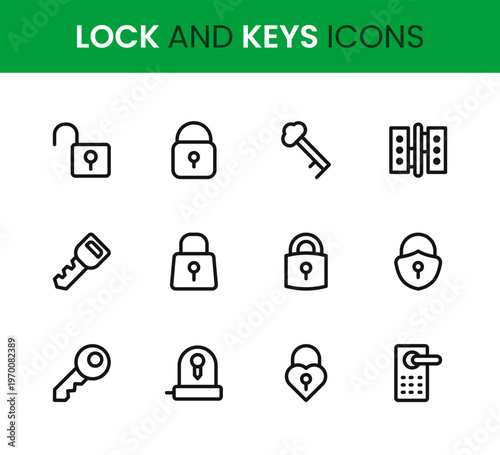 Lock and Keys icon set. Lock and Keys professional modern minimal unique line vector icon collection with padlock icons, key elements, security symbols, access control