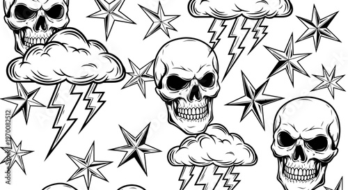 Skulls with clouds and lightning bolts.
