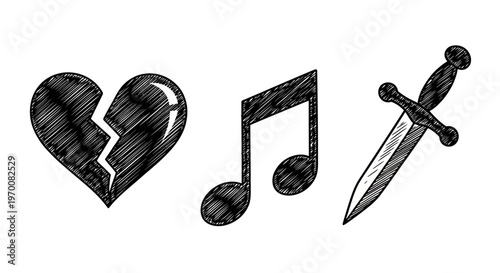 Broken heart music note dagger symbols.
