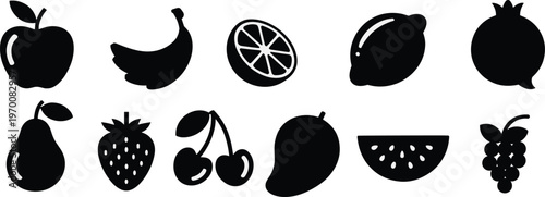 Collection of fruit silhouettes including apple banana lemon cherry strawberry grape mango pear watermelon and pomegranate, healthy food icons, isolated vector set for nutrition design