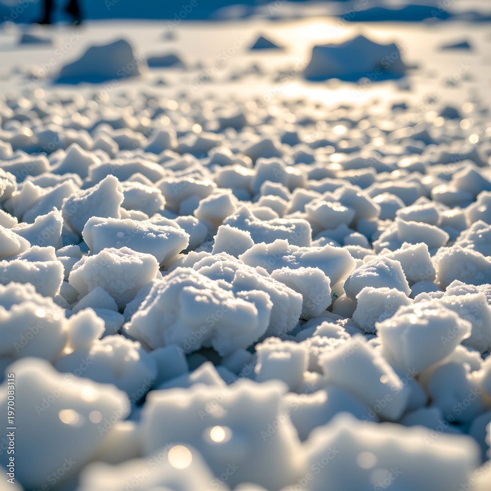 Obraz premium The photo showcases a vast expanse of snow in a frozen state, with numerous ice crystals scattered across it