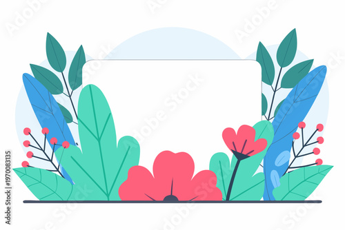 Vector graphic illustration of a vibrant floral frame with diverse leaves and blooming flowers, providing a fresh natural background for text or content.