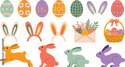 Vibrant Easter Elements Collection Adorned Eggs, Whimsical Bunny Ears, and Playful Rabbits