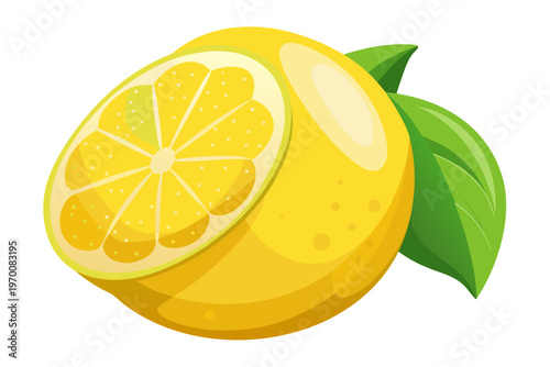Sweet and sour lemon vector illustration graphic presenting a vibrant whole fruit with a perfectly sliced half and green leaves.