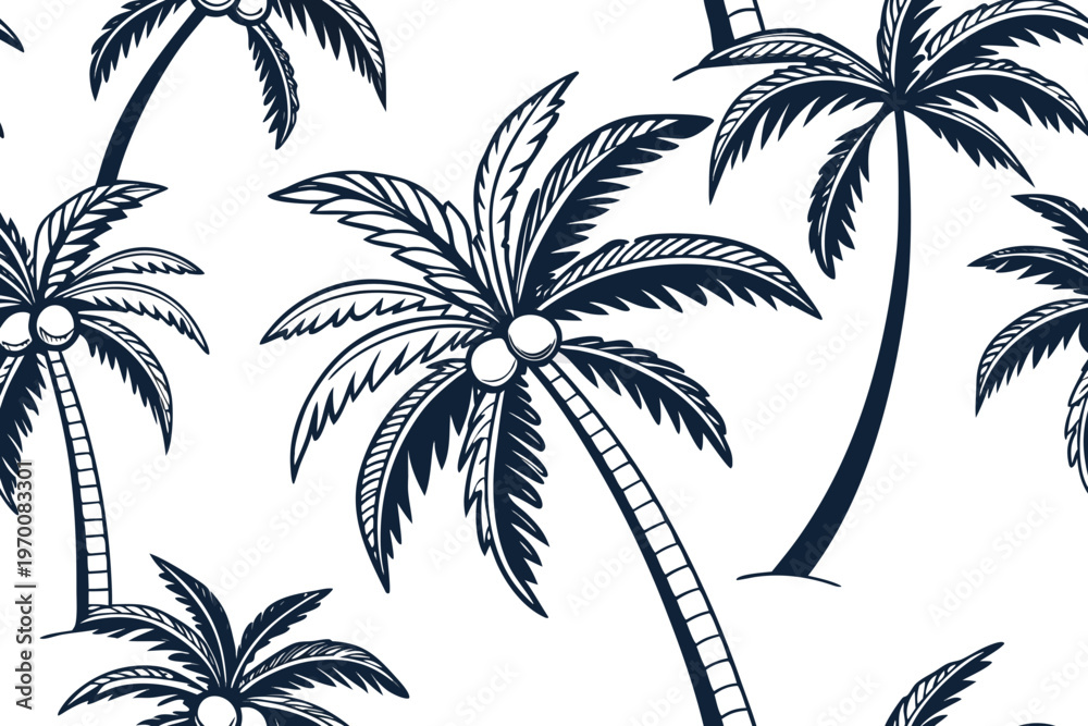 Fototapeta premium Tropical palm tree vector illustration creating a seamless repeating pattern, perfect for summer backgrounds, beach designs, and exotic travel graphics.