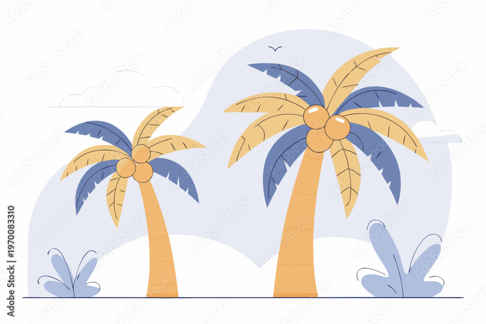 Obraz premium Vibrant vector illustration featuring two tropical palm trees with coconuts, evoking a serene beach vacation graphic design