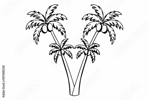A symmetrical vector illustration depicting four stylized tropical coconut palm trees with lush foliage and ripening fruit, perfect for holiday designs.