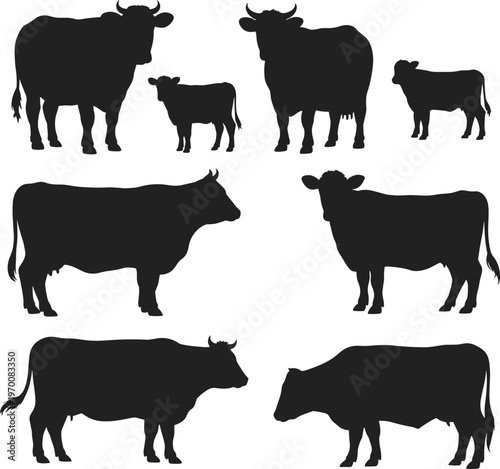 Cow silhouettes collection isolated on white background farm animals vector set cattle herd black shapes livestock illustration agriculture design elements rural nature