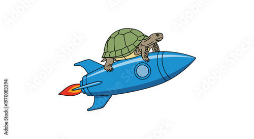 A realistic green turtle with a textured shell balances carefully on a streamlined blue rocket propelled by a small orange flame against a white background.