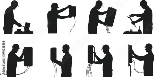 Electrician worker silhouettes set isolated on white background electrical maintenance technician installing wiring panel tools industry repair service vector illustration collection