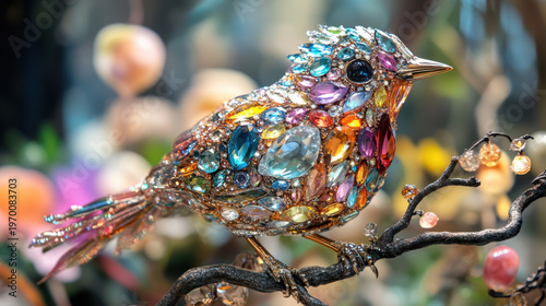 Ornate Colorful Bird Figurine Decorated with Glittering Gemstones