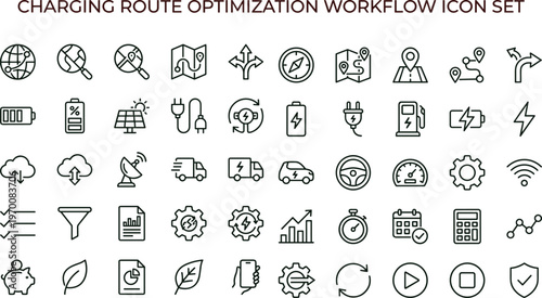 Charging route optimization workflow outline icon set featuring navigation planning electric vehicle energy symbols for apps websites dashboards presentations interface design