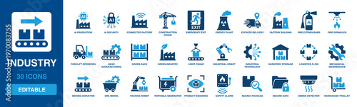 Industry solid vector glyph icon set with industrial robot, construction crane, factory building, gear manufacturing, conveyor belt, forklift operation, and inventory storage symbols.