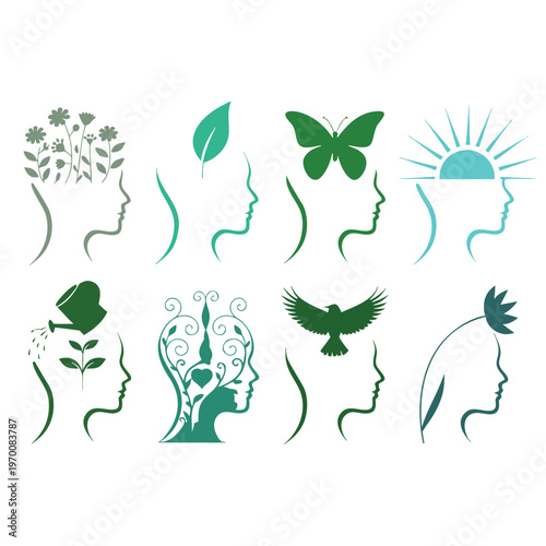Illustrations of human profiles with nature and symbolic elements isolated on transparent background