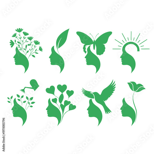 Creative Green Silhouette Icons Featuring Nature Elements And Human Heads