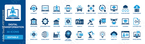 Digital Transformation solid vector glyph icon set with ai assistant, cloud computing, blockchain cubes, drone delivery, smart city, and artificial intelligence icons.