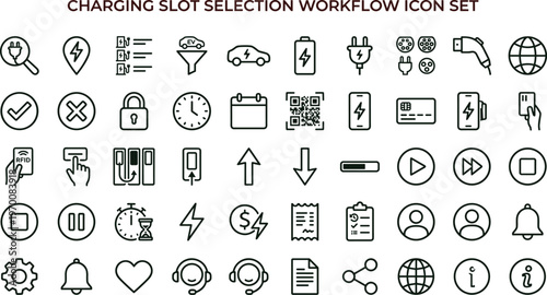 Charging slot selection workflow outline icon set featuring reservation scheduling station access symbols for apps websites dashboards presentations interface design