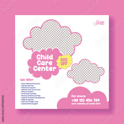 Professional Daycare Center Social Media Post Template for Early Learning Promotion, Minimal Editable Square Flyer Banner Ad Design for Childcare Services Marketing and Advertising Campaign